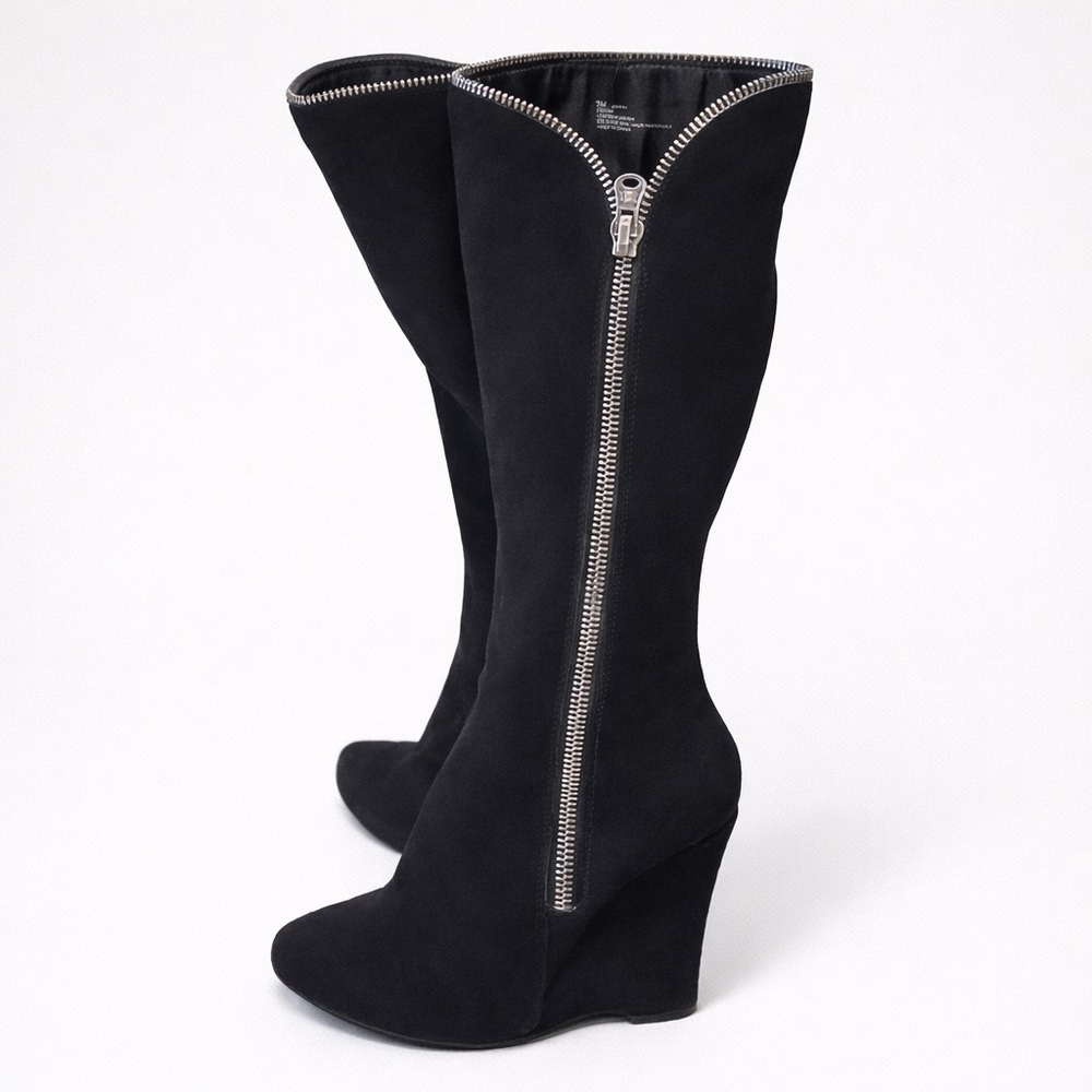 MIA Black Suede Knee High Boots Wedge Heel Full Zip Women’s Size 7